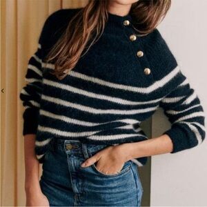 Sezane Navy and White Striped Turtleneck Sweater